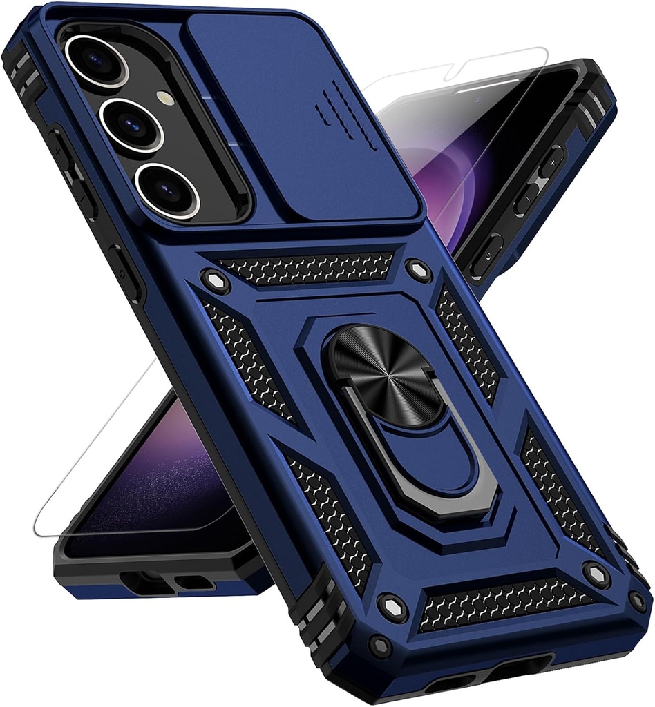for Samsung Galaxy S25 Plus Case with Slide Camera Cover HD Screen Protector [Military Grade Drop Tested] Magnetic Ring Holder Kickstand Protective Phone Case for Galaxy S25+ Plus 5G 2025, Navy Blue