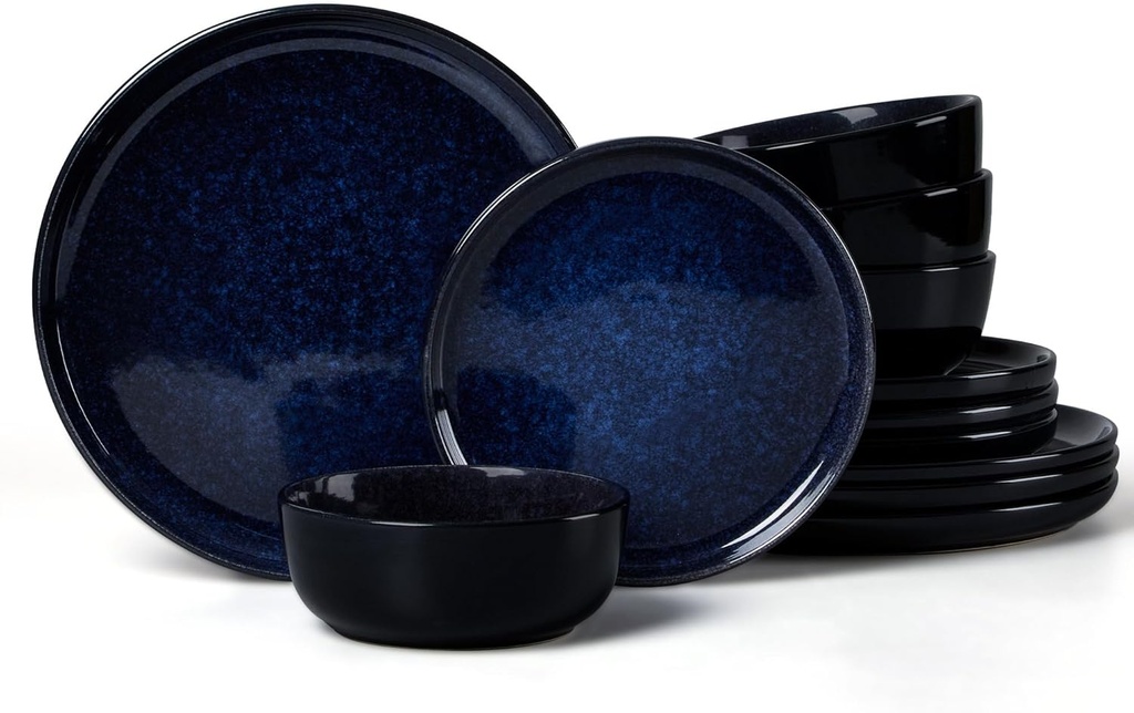 LIANYU Ceramic Plates and Bowls for 4, 12 Piece Modern Porcelain Dinnerware Dishes Sets, Chip and Scratch Resistant Dishware Set, Dishwasher & Microwave Safe Stoneware Set, Midnight Blue