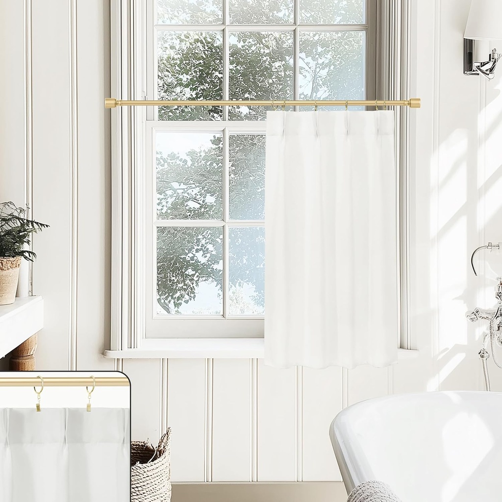 Lino Rosa Pinch Pleat Cafe Curtains for Bathroom Window, White Total Privacy Non Blackout Modern Custom Small Half Tier Curtain for Shower Window, 24 Inch Length