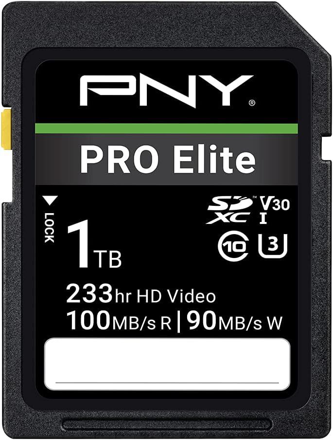 PNY 1TB PRO Elite Class 10 U3 V30 SDXC Flash Memory Card - 100MB/s, Class 10, U3, V30, 4K UHD, Full HD, UHS-I, Full Size SD