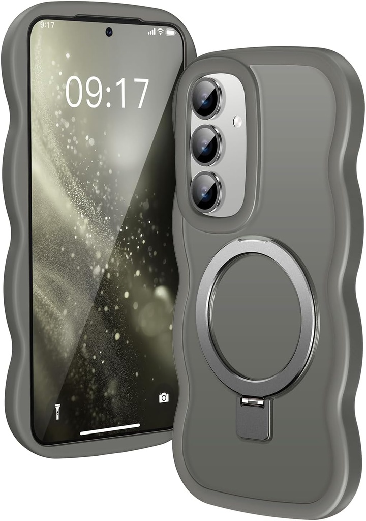 [Magnetic Stand & Wave Frame] Case for Samsung Galaxy S24 Plus / S25 Plus [Fit for MagSafe] [Military Drop Protective] Translucent S24 Plus / S25 Plus Phone Ring Cover for Women Men 6.7" Gray