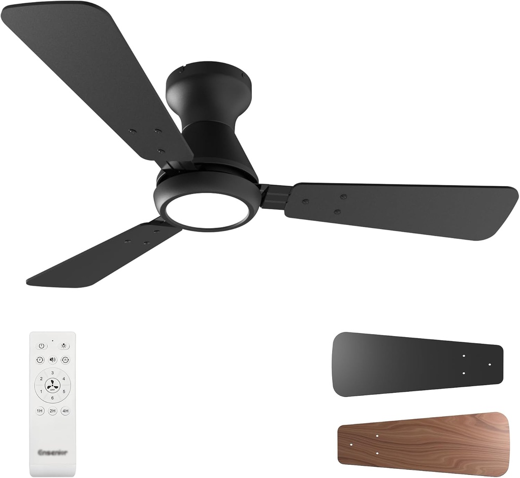 Ensenior Ceiling Fans with Lights, 42 Inch Low Profile Ceiling Fan with Light and Remote, Flush Mount, 3CCT, Reversible Motor, Noiseless, Black Ceiling Fan for Bedroom and Living Room