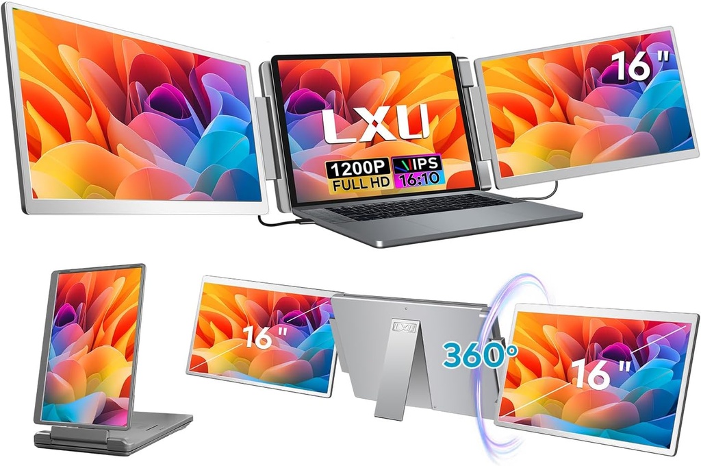 LXU 16-inch Portable Monitor for Laptop | 2025 New Upgraded 1200P 16:10 FHD Screen Extender | Plug-Play Laptop Extended Monitor | USB-C/HDMI Triple Display for 12~18.5" MacOS/Windows | 360° Rotatable
