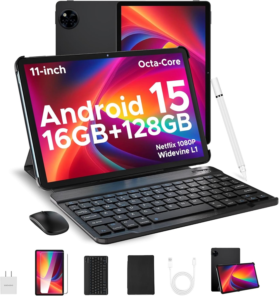 DOOGEE U11(2025) Android 15 Tablet with Keyboard,11 inch Android Tablet 16GB+128GB/2TB TF Octa-Core Gaming Tablets,90Hz Display,8580mAh,1080P,BT5.0+5G WiFi,13MP+5MP, Face ID,Metal Body
