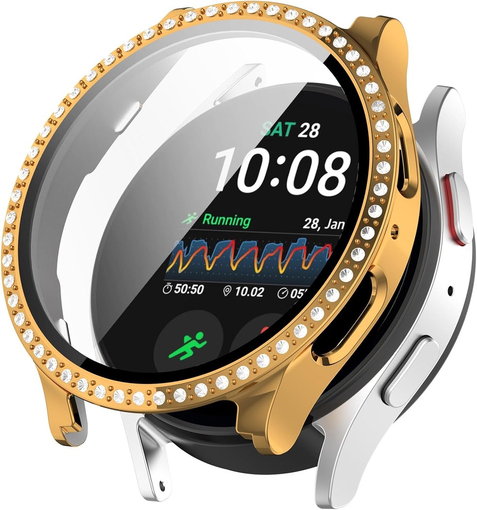 FitTurn Bling Protector Case Compatible with Samsung Galaxy Watch 7 40mm 44mm Crystal Diamonds Plate Tempered Glass Screen Full Frame Protector Case Cover Scratch Resistant Shock Slim (Gold, 40mm)