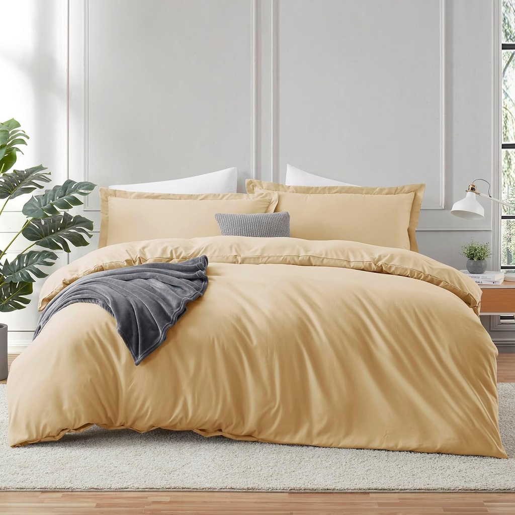 Hearth & Harbor Camel Gold Duvet Cover Queen Size - 3 Piece Soft Double Brushed Bedding Set - Includes 1 Queen Duvet Cover with Button Closure 90x90 inches and 2 Pillow Shams
