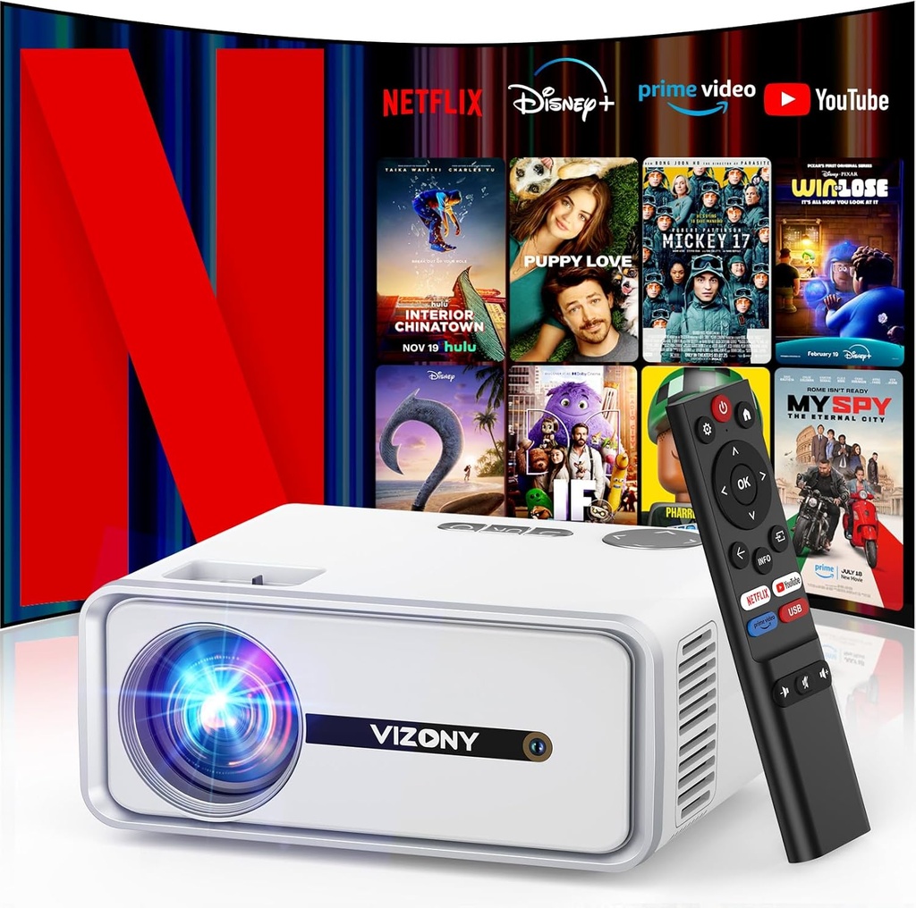 [Netflix Licensed/Dolby Audio] Smart Projector with WiFi and Bluetooth, VIZONY Native 1080P Projector with Apps Built in Netflix, Youtube, Hulu, Disney+, Portable Mini Projector for Indoor/Outdoor