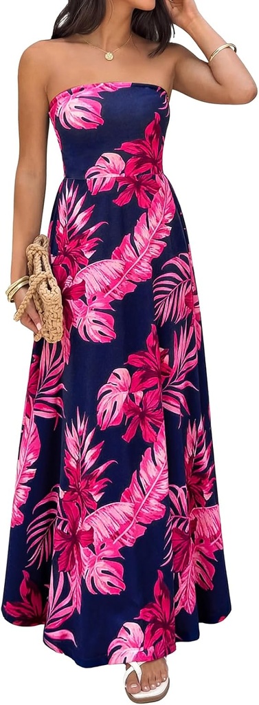 PRETTYGARDEN Sleeveless Floral Summer Maxi Dresses for Women 2026 Tube Top Flowy Long Dress Tropical Beach Vacation Clothes