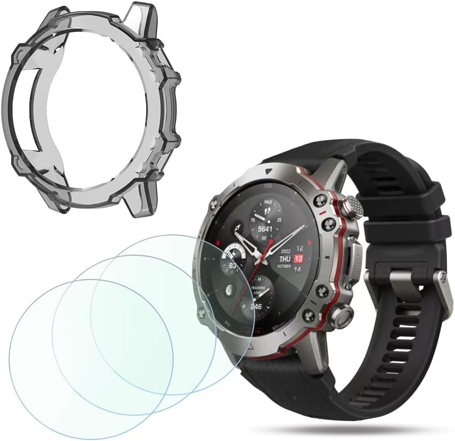 Smart Watch Protective Case and Film Compatible for Amazfit Falcon, Tempered Glass Screen Protector and Silicone Soft Frame Cover (Pack of 3+1) (transparently black)