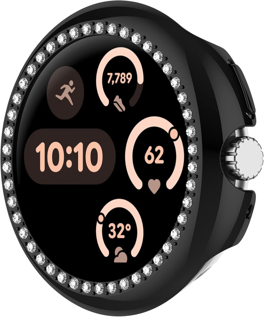 Disscool Case Cover Compatible with Google Pixel Watch 3 45mm Smartwatch Anti Drop Hard PC Replacement Protective Cases Synthetic Diamond Decoration Cover Watch Accessories(Black)