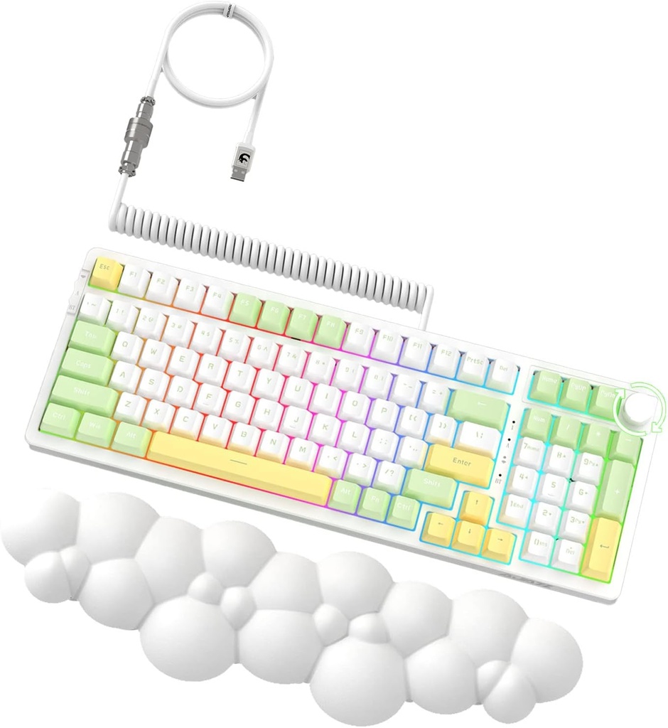 AJAZZ AK992 Wireless Mechanical Gaming Keyboard and Cloud Wrist Rest and Coiled Cable, 2.4G/BT5.0/Wired, RGB Backlit Hot Swappable, Gasket Mount,Knob Control, 3 in 1 PC Gamer Accessories(Brown Switch)