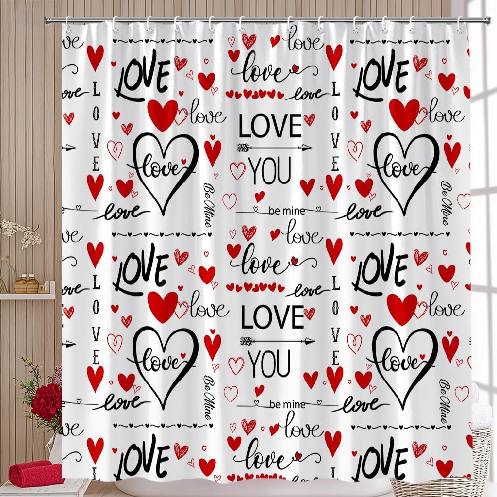 Valentine Shower Curtain Red Heart Love Romantic Girly Sweet Couple Modern Bathroom Curtain Fabric with Hooks(70" WX70 H)