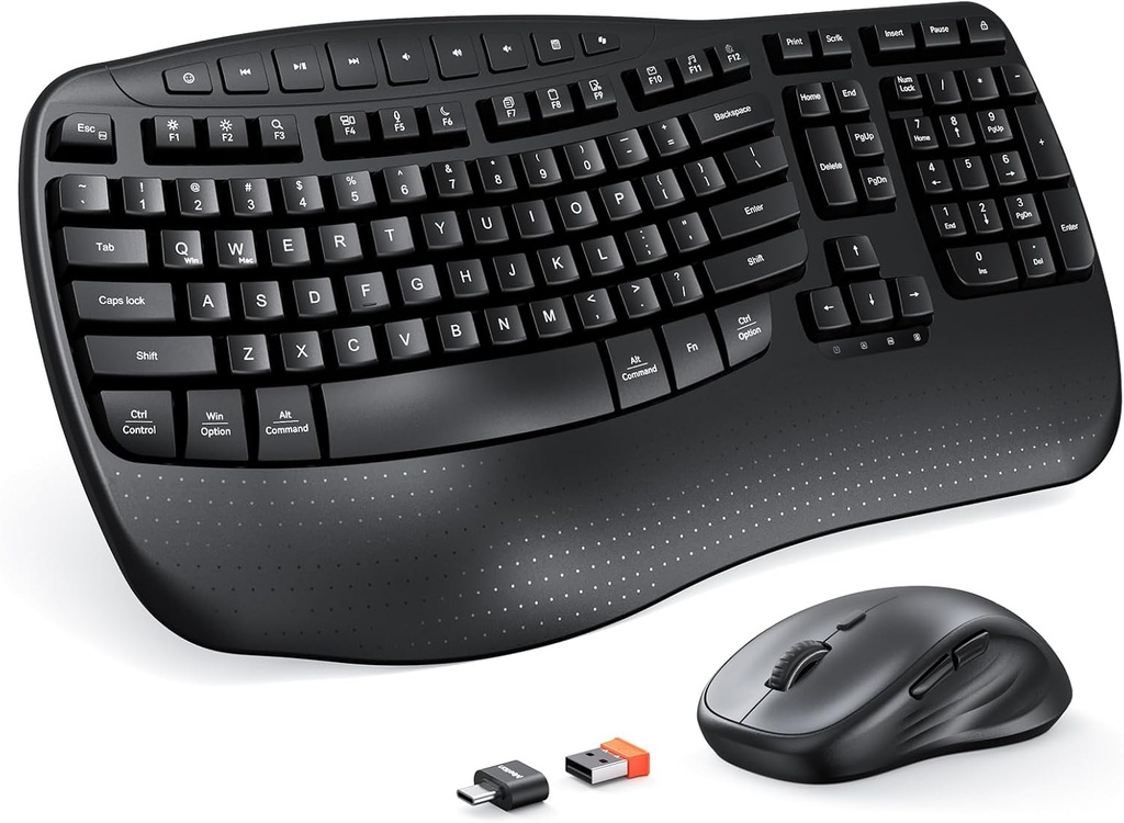 MEETION New Ergonomic Keyboard and Mouse Wireless Combo, Wave Keys Natural Typing, 2.4G Wireless Keyboard with Wrist Rest, 4 Adjustable DPI Optical Mouse, Computer/Laptop/Windows/Mac, Black
