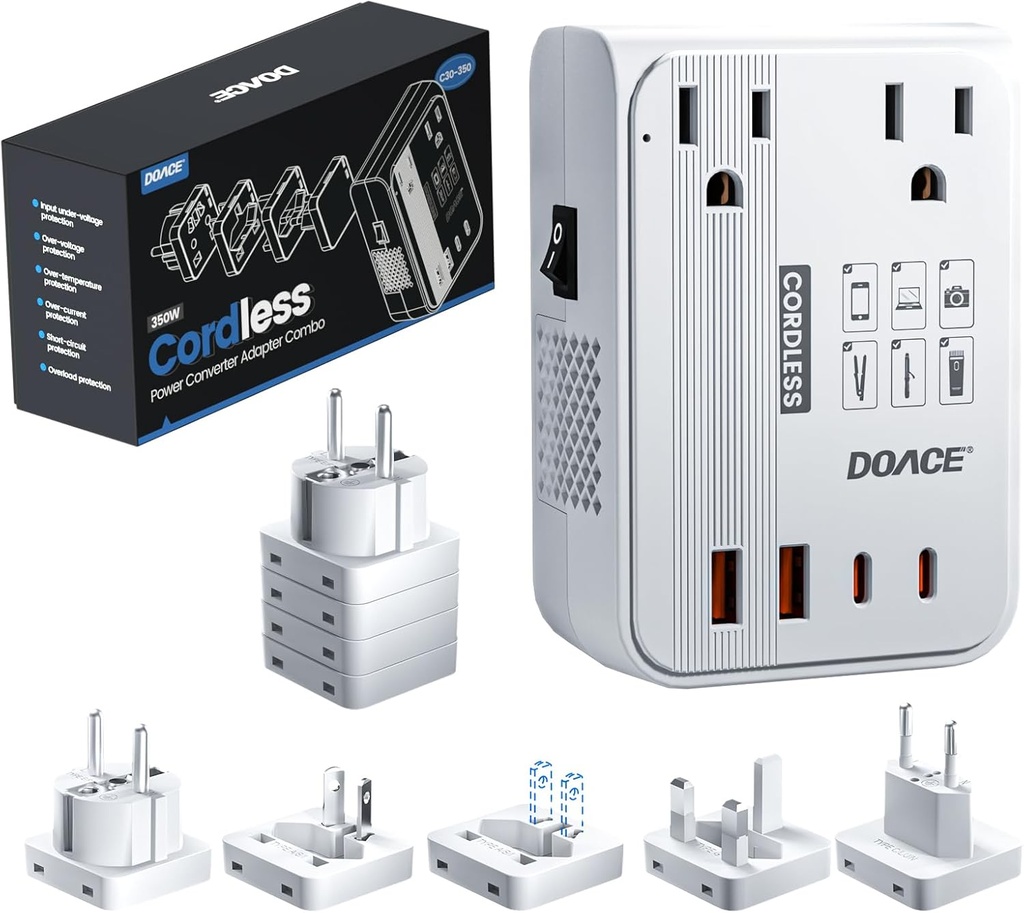 DOACE 220V to 110V Converter for European Travel - 350W Cordless Voltage Converter US to Europe, Power Converter Adapter Combo with PD Chargers for Hair Straightener Shaver Toothbrush Laptop Phone