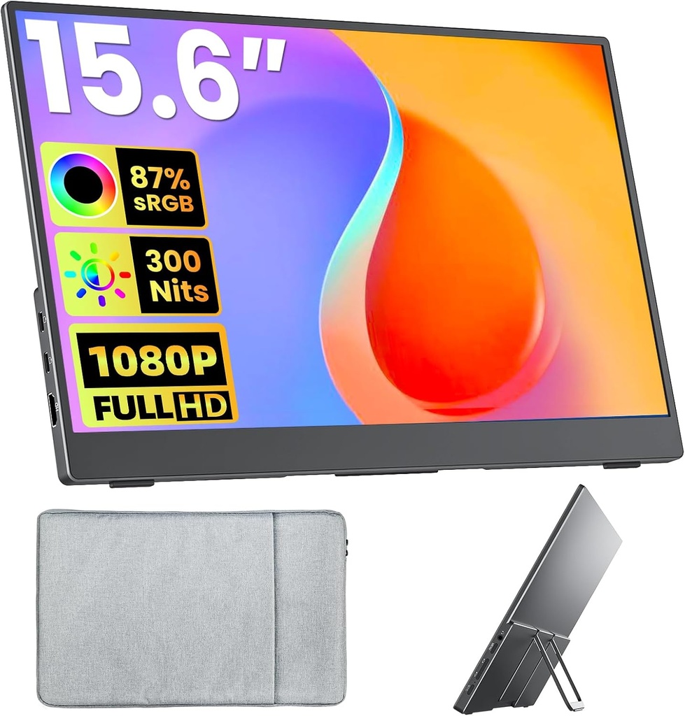Portable Monitor 15.6 Inch FHD 1080P HDR IPS Travel Monitor with Speakers HDMI USB-C Second Screen for MacBook Laptop Surface Xbox PS4/5, External Display with Kickstand, VESA Compatible