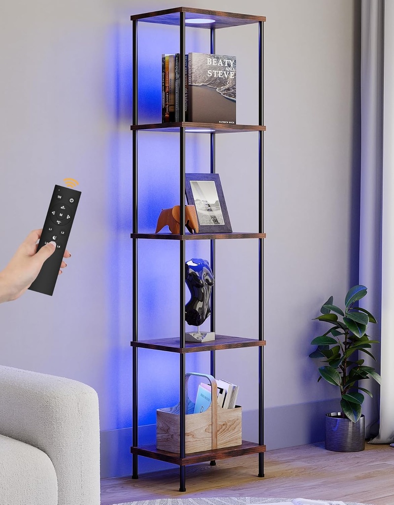 Display Shelf with RGBW Light, Color Changing Curio Cabinet Floor Lamp with Shelves Corner Standing Column Lamp Etagere Organizer Tower Nightstand Bookcase for Living Room Bedroom Office Décor, Brown