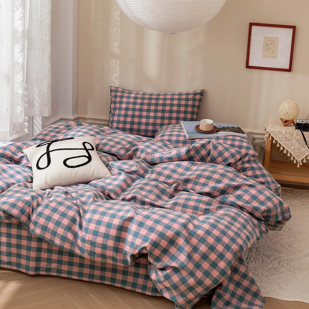 VM VOUGEMARKET Gingham Duvet Cover Set King 3 Pieces Washed Cotton Pink Purple Blue Plaid Checkered Printed Comforter Cover with Zipper Soft Lightweight & Breathable Quilt Cover Set