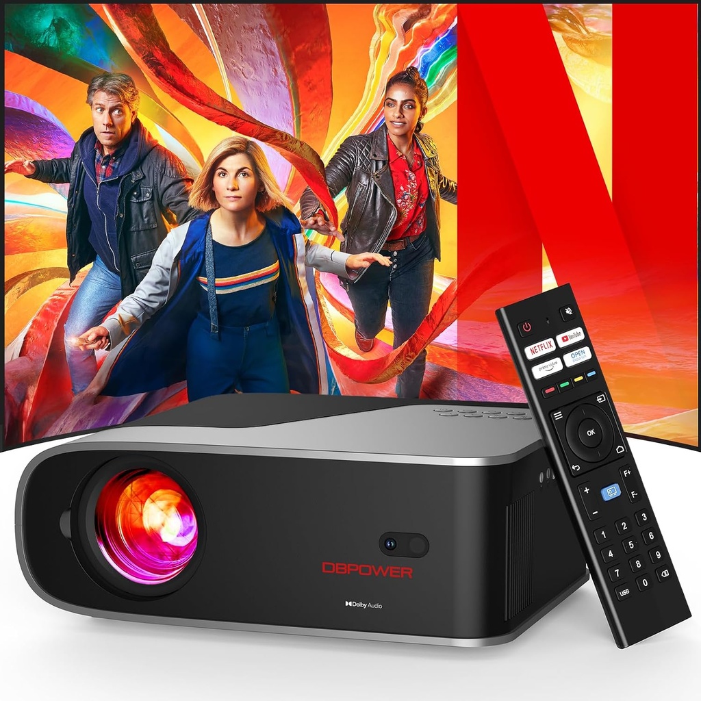 [Auto Focus/Netflix-Certified/Dolby Audio]Smart Projector with WiFi and Bluetooth, DBPOWER Projector Built-in Apps, Native 1080P, Auto 6D Keystone, Upgraded Fan Cooling for Outdoor Movie Home Theater