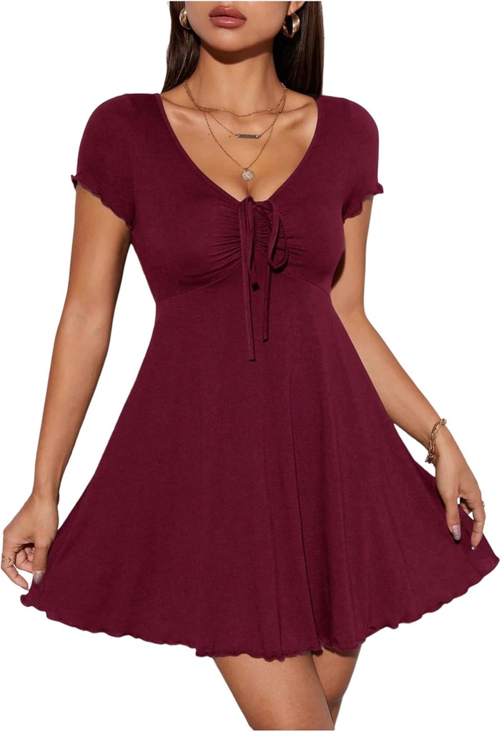 OYOANGLE Women's Short Sleeve Drawstring Front Ruched Short Dress V Neck A Line Tshirt Dresses