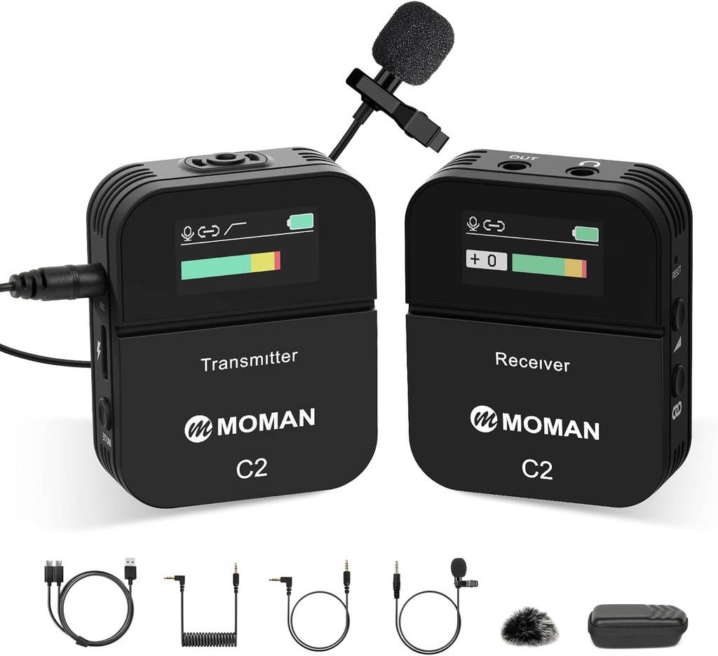 Moman C2 Wireless Lavalier Microphone, 2.4GHz Wireless Lapel Microphone System with Transmitter & 1 Receiver for DSLR Camera Phone Laptop Tablet Camcorder Vlogging Streaming Video(C2 Solo)