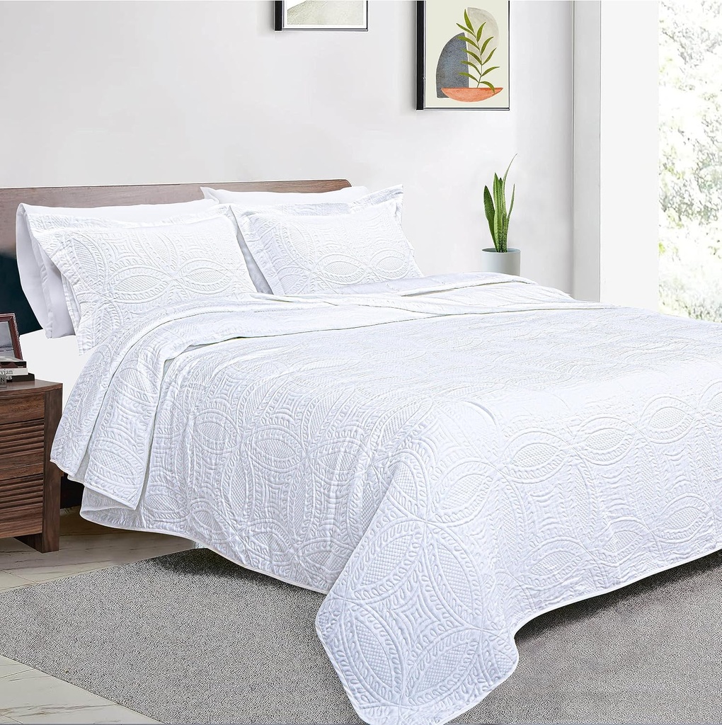 Threadmill Quilts King Size Sets | 3-Piece King Quilt Set with 2 Pillow Shams - Reversible Soft Breathable and Lightweight Quilt King Bedspread Coverlet Bedding Set - White