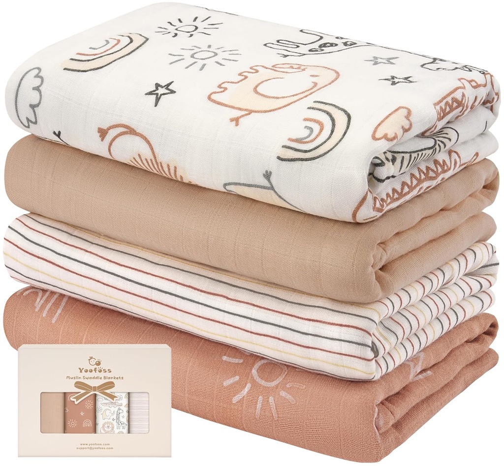 Yoofoss Muslin Swaddle Blankets, 4-Pack Receiving Blankets for Baby Boys and Girls, 47 x 47 Inches Baby Blanket Neutral Swaddle Wrap 70% Rayon from Bamboo and 30% Organic Cotton