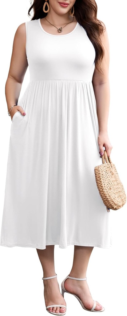 LARACE Women's Plus Size Sleeveless Maxi Dress Casual Crew Neck Pleated Flowy Long Dresses with Pockets L-6XL