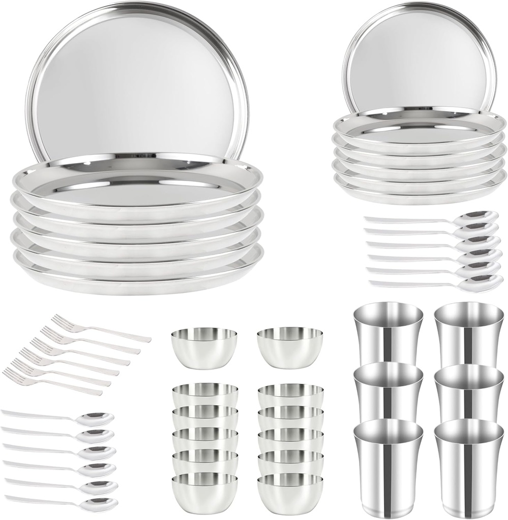48 Pieces Dinner Set, Stainless Steel Dinnerware Set, Service for 6 (Full Plates, Quarter Dishes, Bowls, Tumblers) Metal Reusable set for Home, Kitchen, Camping, Dishwasher Safe