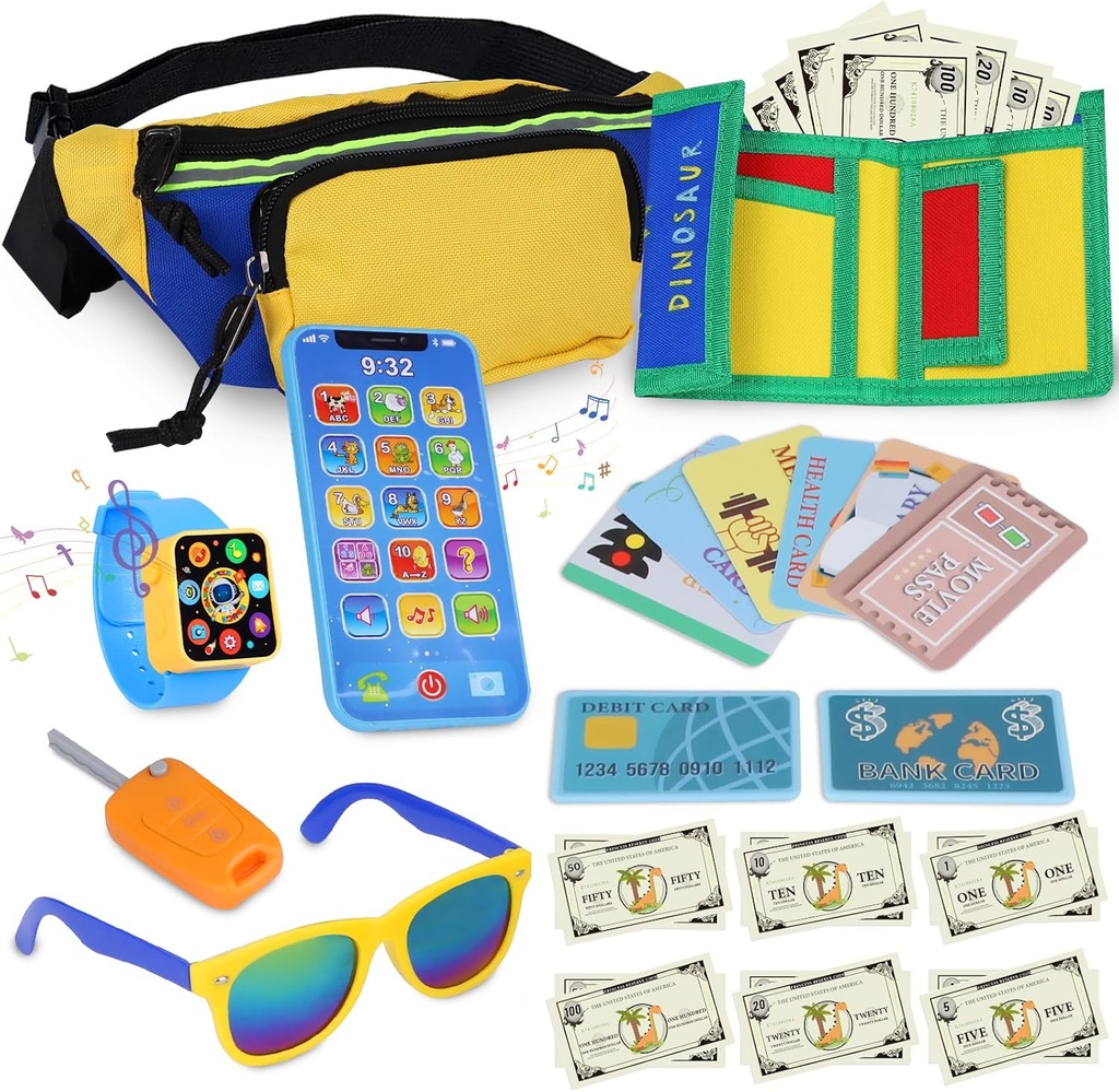 Play Purse for Little Boys Ages 3-6, My First Wallet Toy with Waist Bag, Dinosaur Wallet, Sunglasses, Smartphone, Smartwatch, Car Keys, Life Cards and Fake Money