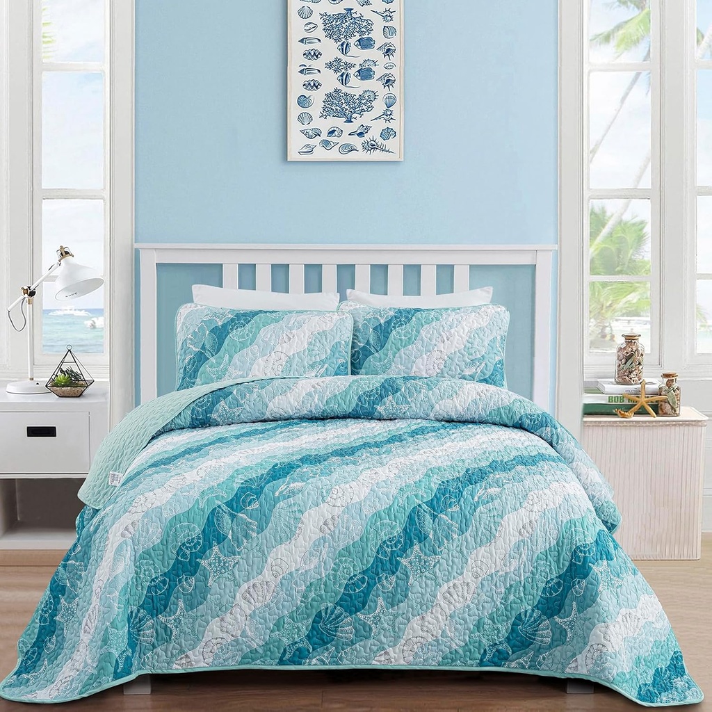 Dinjoy Summer Coastal Quilt Set King Size, Blue Green Ocean Beach Themed Bedding Set Seawave Seashell Conch Starfish Microfiber Lightweight Bedspread Coverlet Bed Set All Season (104x90 Inch)