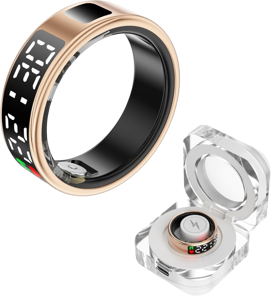 Smart Ring Fitness Sleep Health Tracker Rings for Men Women, LED Display Smart Ring Health Tracker Heart Rate, Blood Oxygen, Sleep & Step Monitor, No Subscription, IP68 Waterproof (Gold #8)