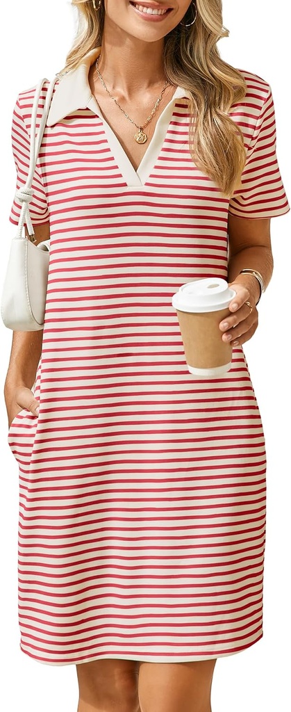 Glamaker Women T Shirt Summer Dress Casual Business Mini Loose V-Neck Short Sleeve Striped Dresses Pockets 2025 Trendy