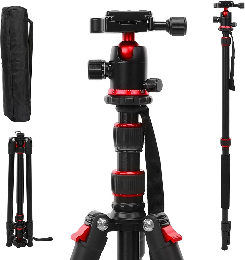 MOSISO 77 inch Tripod for Camera, 360 Degree Ball Head Aluminum Heavy Duty Camera Tripod Stand with Bag for Travel Work, DSLR Tripod&Monopod Compatible with Canon Nikon Sony Cameras, 17.6lb Load, Red