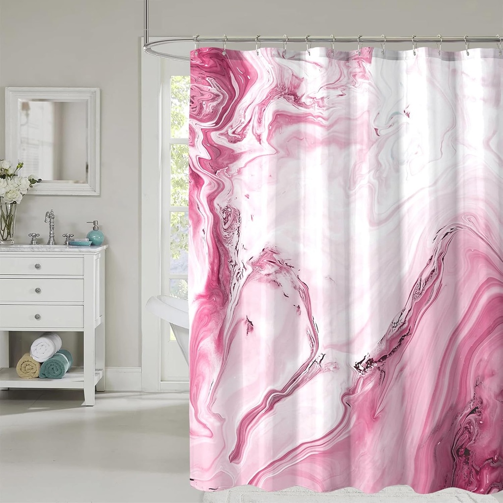 Pink White Shower Curtain, Modern Marble Bathroom Curtains Set with Hooks, Waterfproof Fabric Cloth Home Decor, 72x72 Inch