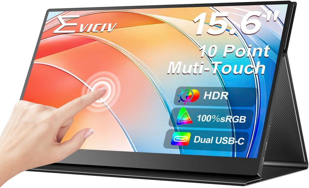 EVICIV Portable Monitor Touchscreen 15.6 FHD 1080P IPS 10-Point Touch Screen Monitor & Speakers, HDMI USB C Eye-Care Travel External for Laptop Computer PC Phone Switch, VESA & Smart Cover