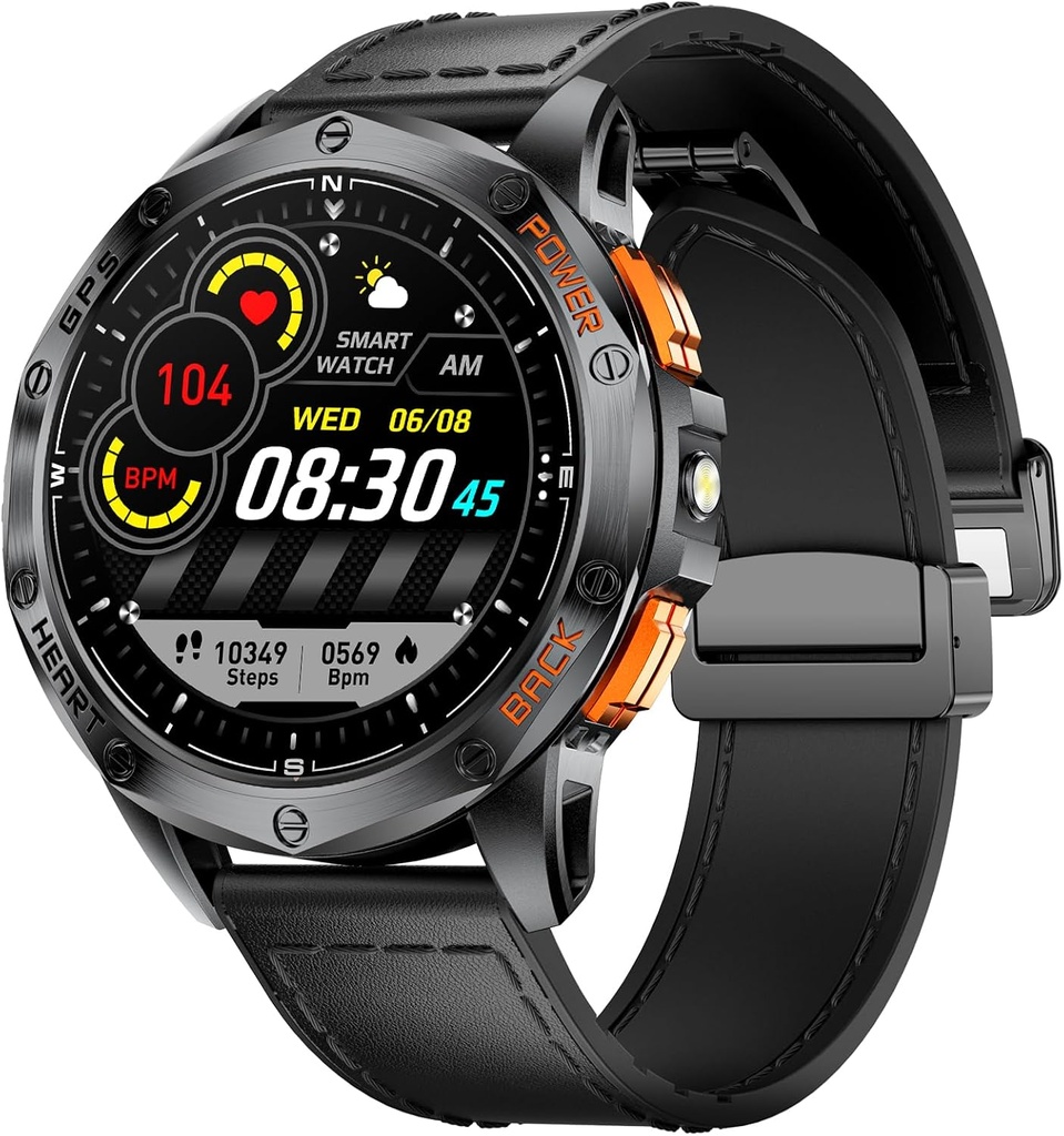 DREMAC 48mm Rugged Military Smart Watches for Men - GPS/Barometer/Altimeter/Compass, 1.43" Amoled Display, LED Flashlight,100+ Sports Modes Fitness Tracker, Compatible iOS Android, Full Black