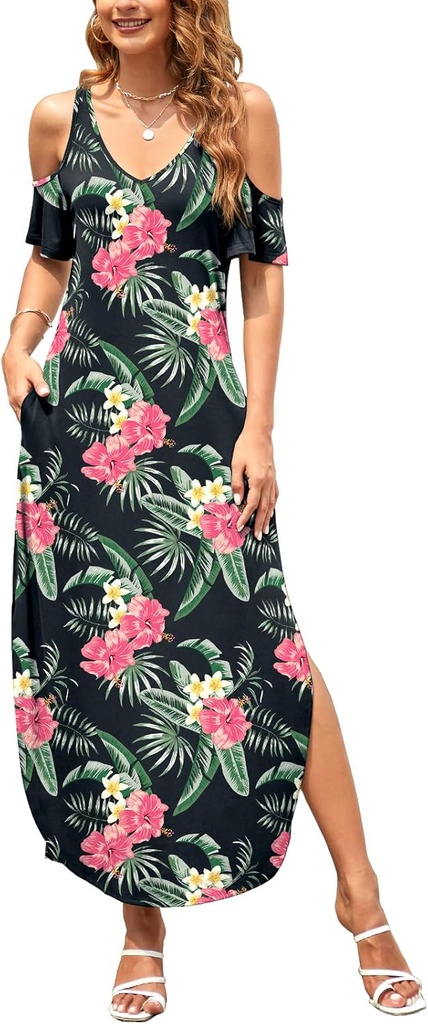HUSKARY Women's Summer Maxi Dresses 2026 Trendy V Neck Cold Shoulder Short Sleeve Casual Loose Long Split Dress with Pockets