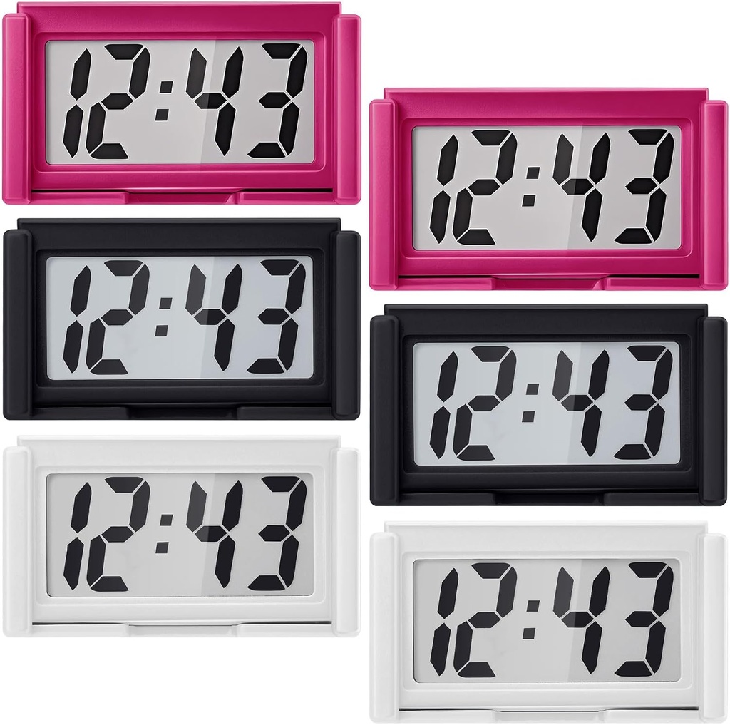 Frienda 6 Pieces Mini Digital Clock Small Digital Clock Stick on Battery Operated Self Adhesive Bracket for Car Dashboard Fridge (Black,Red,White)