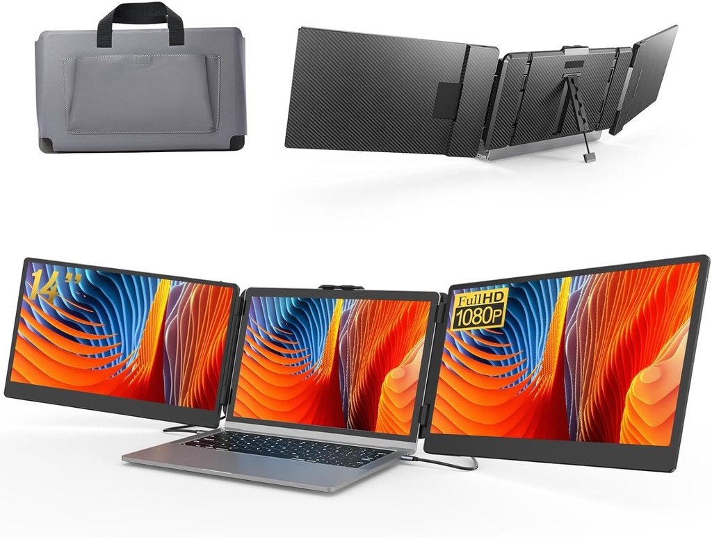 Laptop Screen Extender 14" 1080P FHD IPS, Portable Monitor for Laptop 13-17", Triple Monitor Extended for laptops with Dual Speakers, Plug-Play with Type-C/HDMI/USB-A for Wins/Mac/Chrome