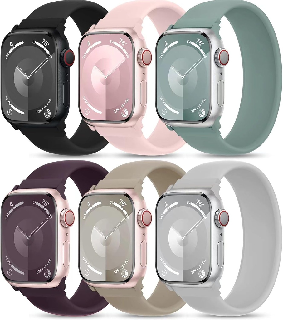 6 Pack Silicone Solo Loop Bands Compatible with Watch Band 40mm 38mm 41mm 44mm 45mm 46mm 42mm 49mm, Soft Stretchy Strap Sport Replacement Wristband for iWatch Series 10 9 8 7 6 SE 5 Ultra 4 3 2 1