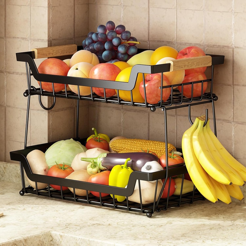 GILLAS 2 Tier Countertop Fruit Basket with 2 Banana Hangers for Kitchen, Detachable Metal Organizer for Bread Vegetable Fruits with Wooden Handle, Large Capacity Rectangular Storage Stand Bowls, Black