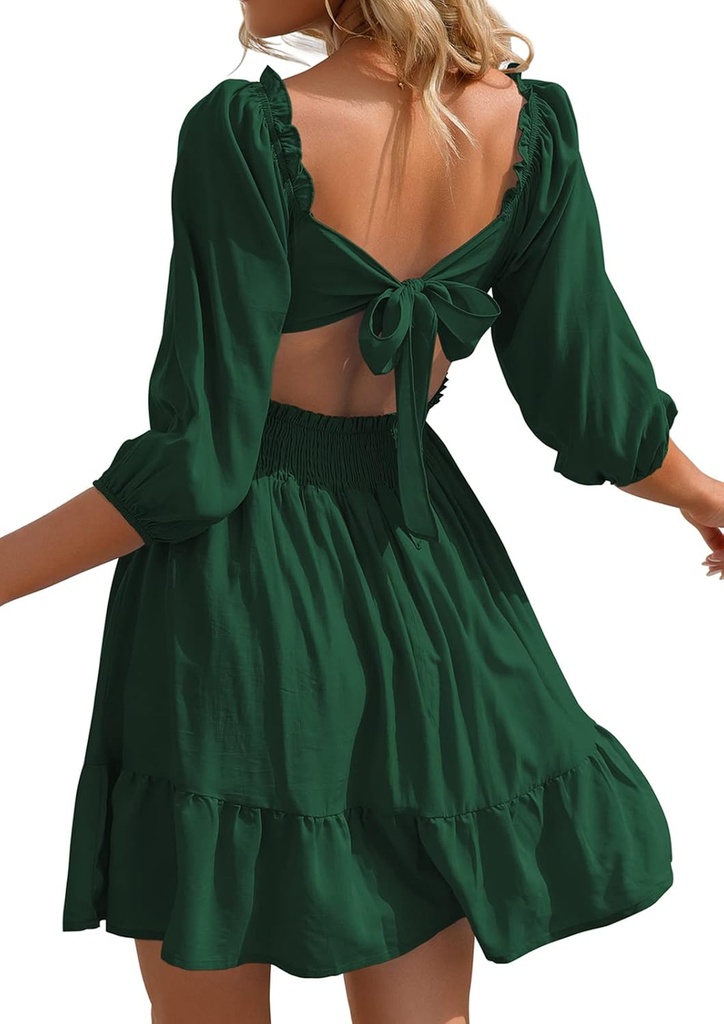 Phortric Womens Summer Tie Back Dress Square Neck Lantern Sleeve Off Shoulder Casual Mini Dresses