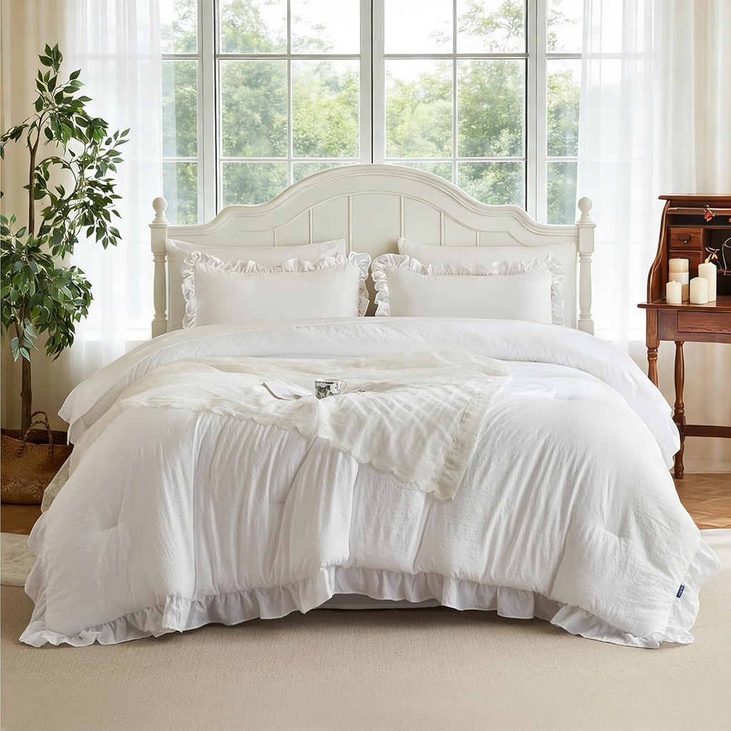 MR&HM California King Comforter Set White, Comforter Set 7 Pieces for Girls Women, Shabby Chic Vintage Cottagecore Bed Sets Elegance Boho Bed in a Bag, Ultra-Soft & Fluffy Comforter for All Season