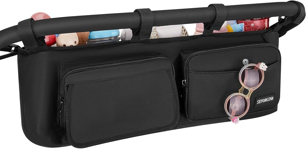 Double Stroller Organizer with 11 Compartment for Bob Duallie, Baby Jogger City Mini GT2, Double Jogging Stroller Caddy, Parent Console with 2 Insulated Pocket, Front & Back Pockets, Travel Essentials