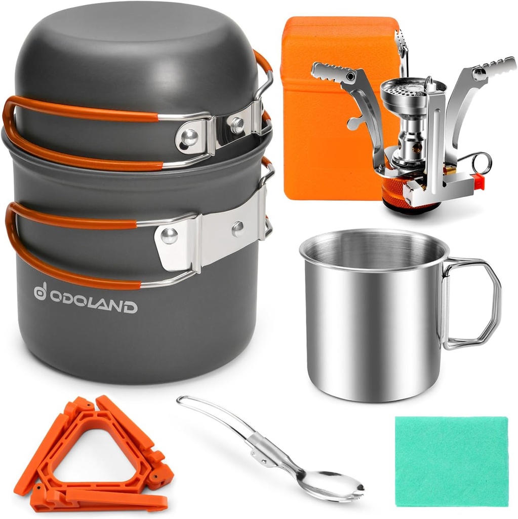 Odoland 8pcs Camping Cookware Mess Kit, Camping Pot and Pan Set with Mini Backpacking Stove, Stainless Steel Cup, Spork and Tank Bracket, Cooking Gear for Outdoor, Hiking, Picnic, Campfire