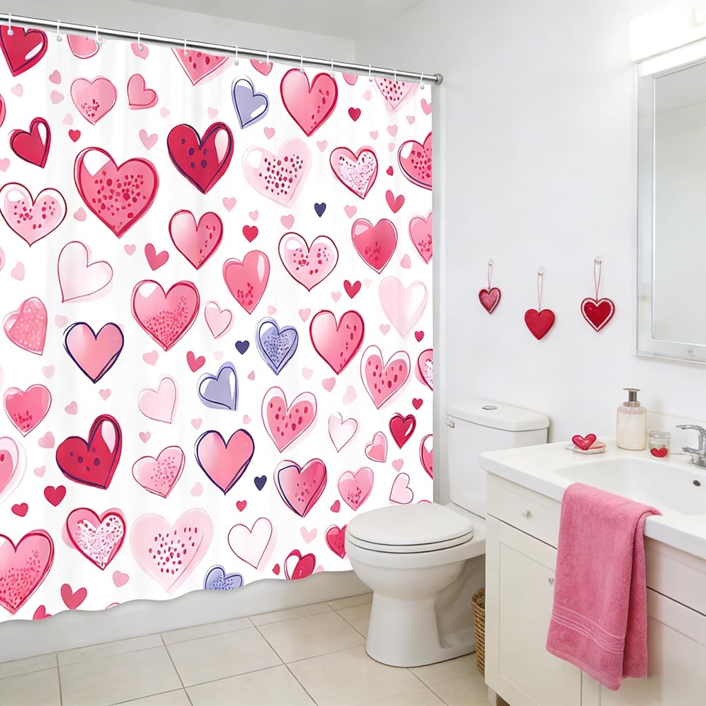 Valentine's Day Shower Curtain Hot Pink Loving Hearts Romantic Theme Curtains Valentines Retro Polyester Bathroom Curtains Set with Hooks 70"x70"