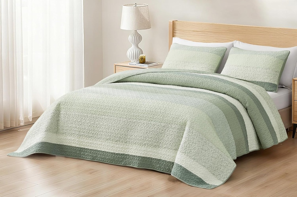Chezmoi Collection Reed 3-Piece Chic Patchwork Striped Quilt Set - Green Floral Coverlet - Pre-Washed Cotton Lightweight Reversible Bedspread, Super King Size