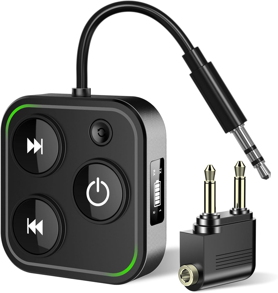 2025 Pro Bluetooth 5.4 Transmitter Receiver, 2-in-1 Wireless Audio Adapter for Airplane/TV/PC/Gym - Dual Link Headphone, Low Latency, Battery Display, Built-in Mic, 30H Playtime, Aviation Metal Frame