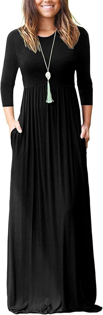 WNEEDU Women's 3/4 Sleeve Casual Loose Long Maxi Dresses with Pocket