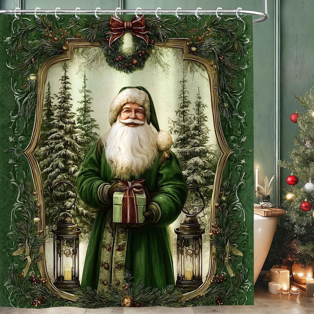 Vintage Christmas Shower Curtain, Cute Santa Claus Green Xmas Tree Shower Curtain Set, Rustic Farmhouse Winter Forest Christmas Shower Curtains for Bathroom with 12PCS Hooks 72X72IN
